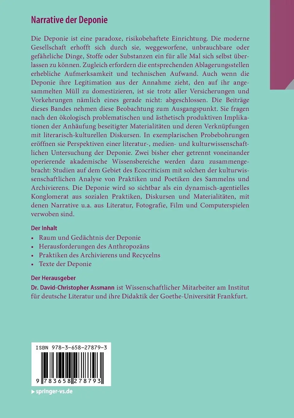 Rückseite: 9783658278793 | Narrative der Deponie | David-Christopher Assmann | Taschenbuch | viii