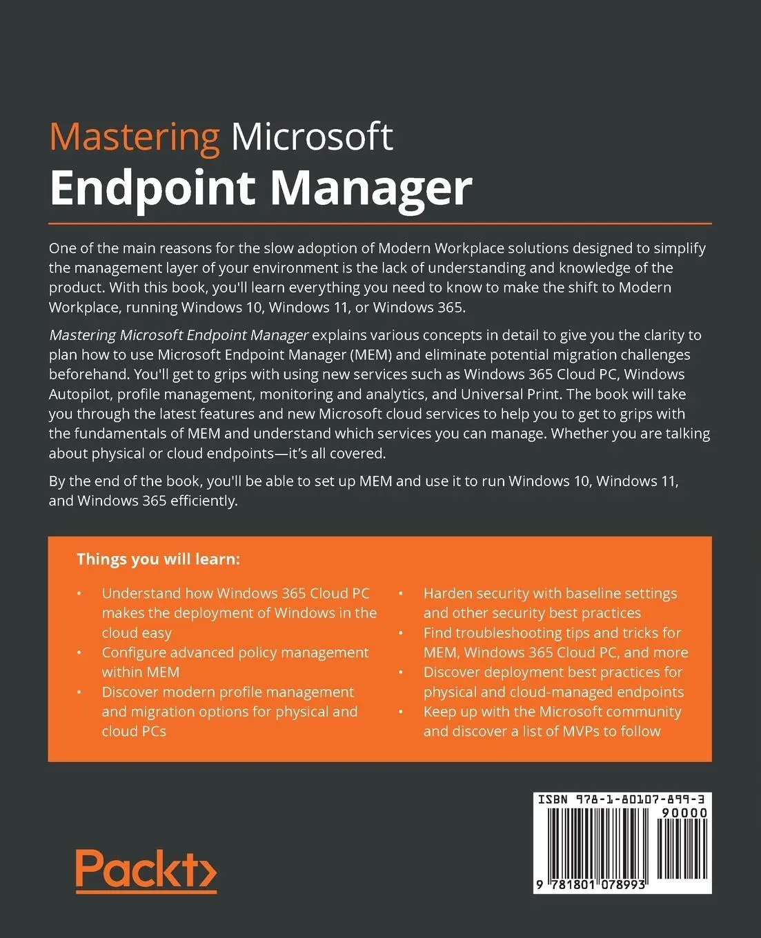 Rückseite: 9781801078993 | Mastering Microsoft Endpoint Manager | Christiaan Brinkhoff (u. a.)