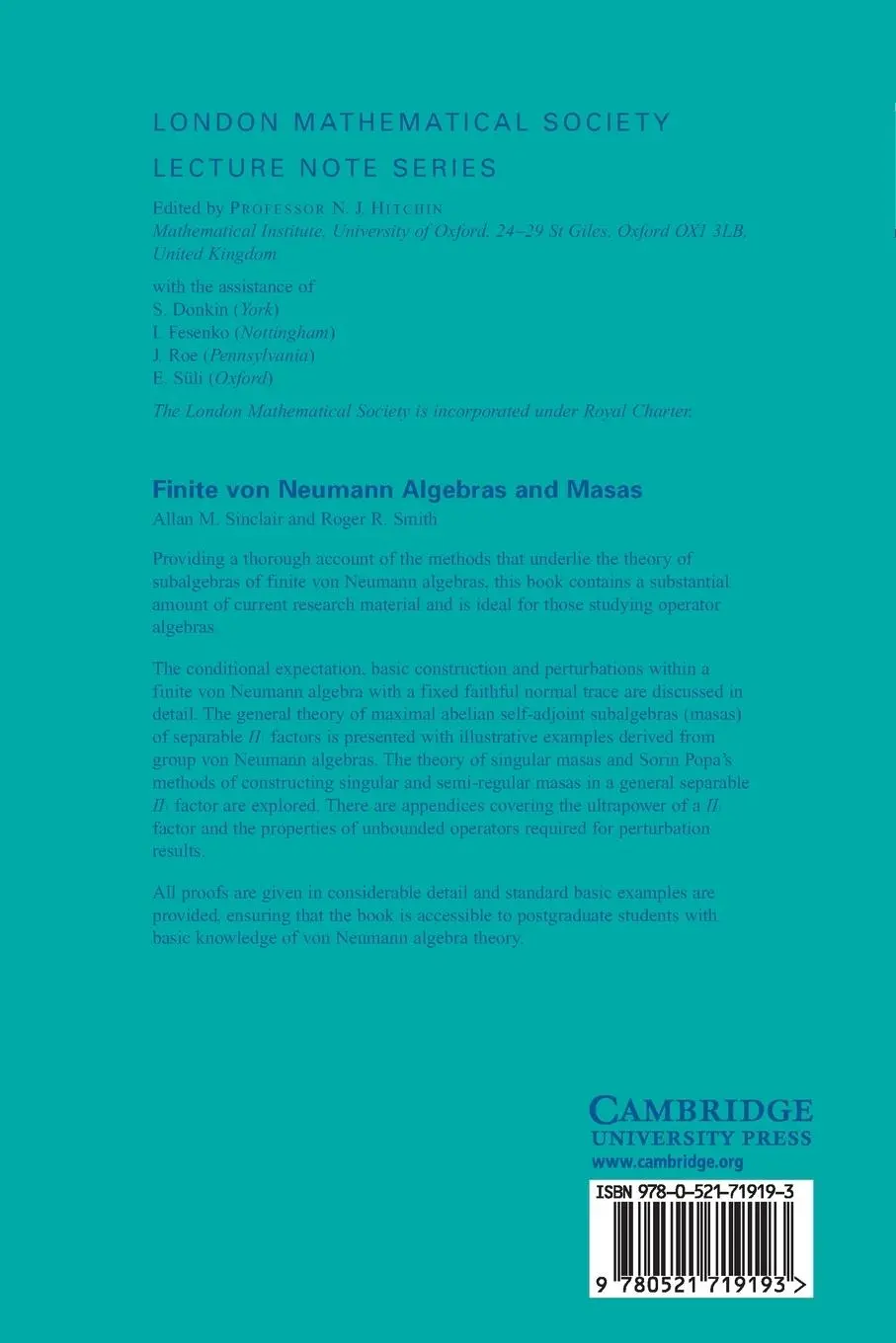 Rückseite: 9780521719193 | Finite von Neumann Algebras and Masas | Allan Sinclair (u. a.) | Buch