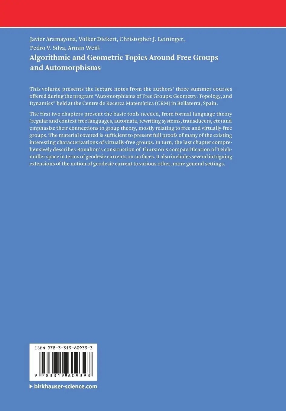 Rückseite: 9783319609393 | Algorithmic and Geometric Topics Around Free Groups and Automorphisms