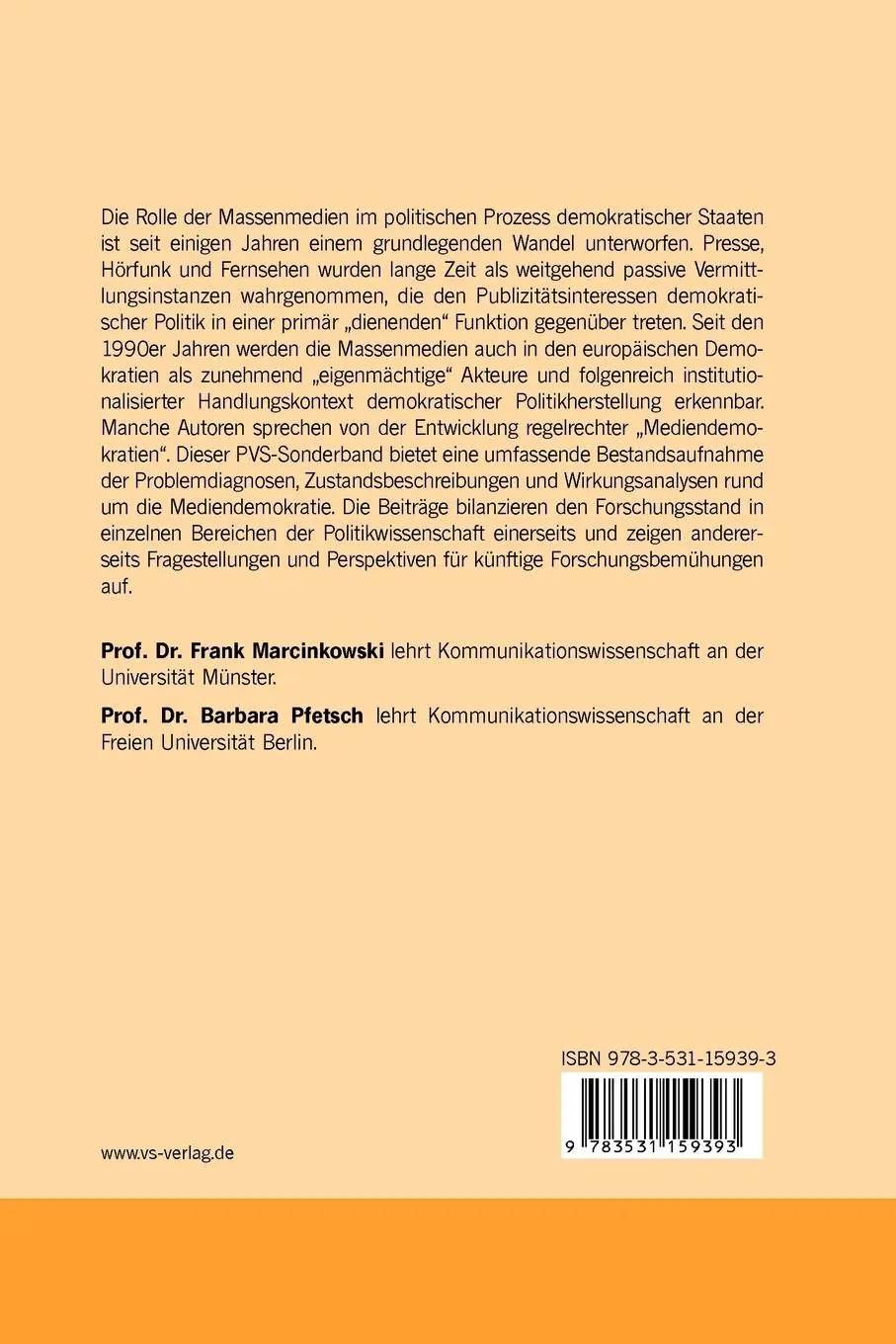 Rückseite: 9783531159393 | Politik in der Mediendemokratie | Barbara Pfetsch (u. a.) | Buch