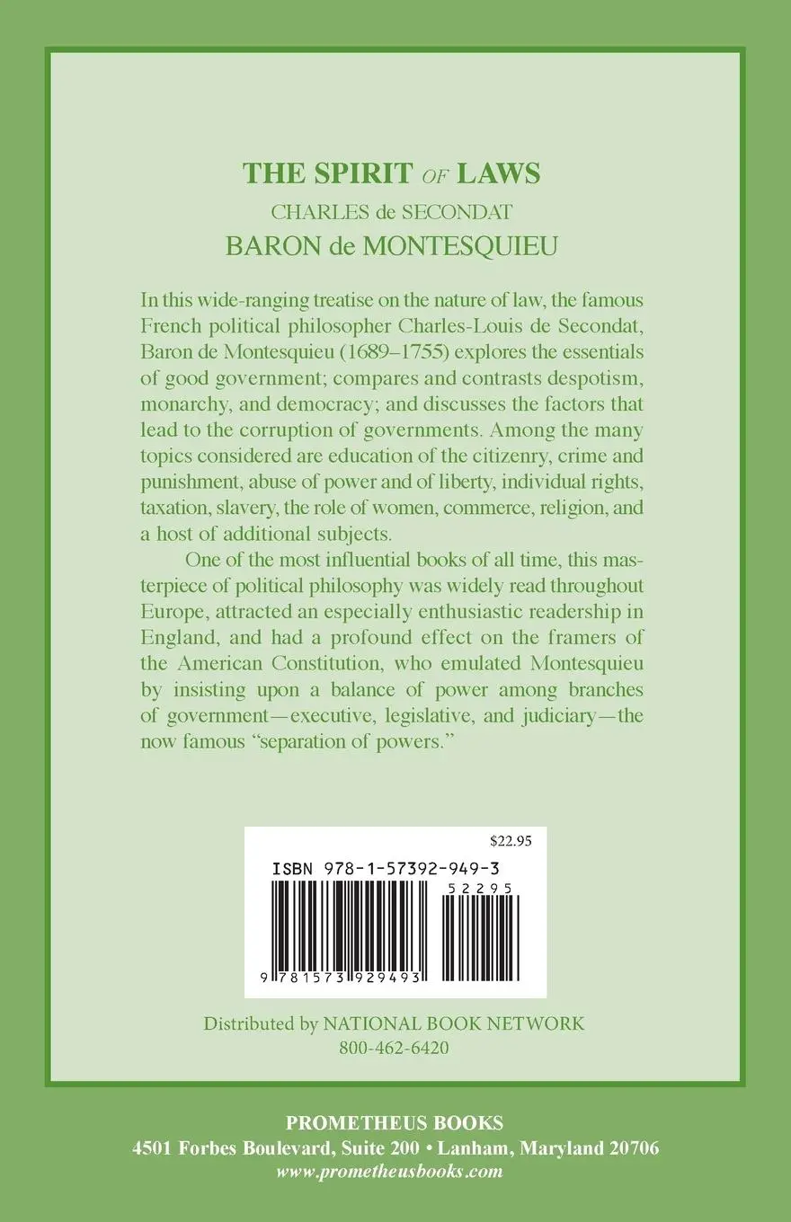 Rückseite: 9781573929493 | The Spirit of Laws | Charles Lois Montesquieu | Taschenbuch | Englisch