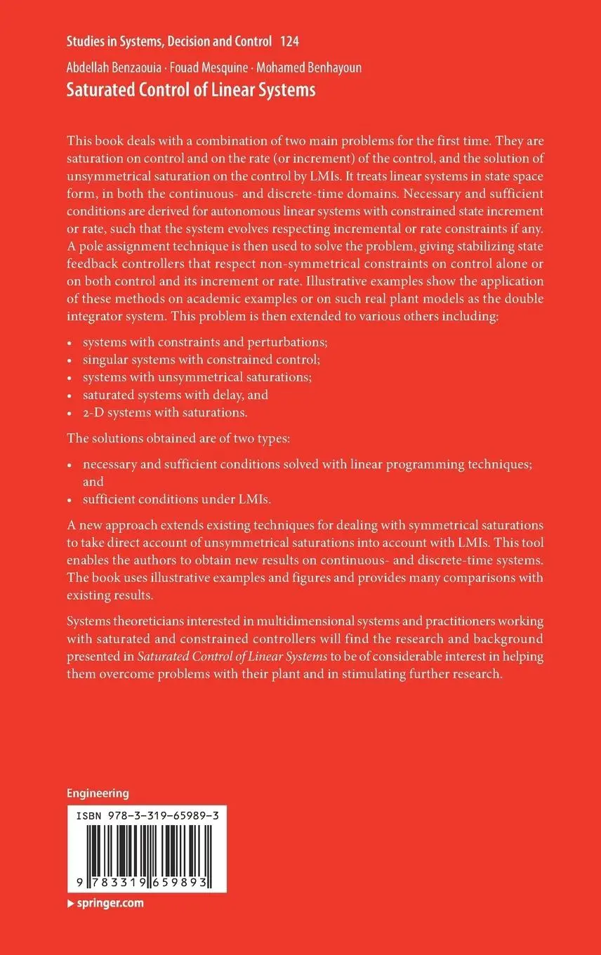 Rückseite: 9783319659893 | Saturated Control of Linear Systems | Abdellah Benzaouia (u. a.)