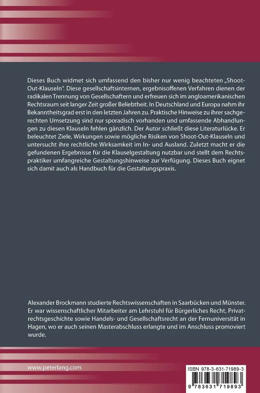 Rückseite: 9783631719893 | Shoot-Out-Klauseln | Radikale Trennungsverfahren im Gesellschaftsrecht