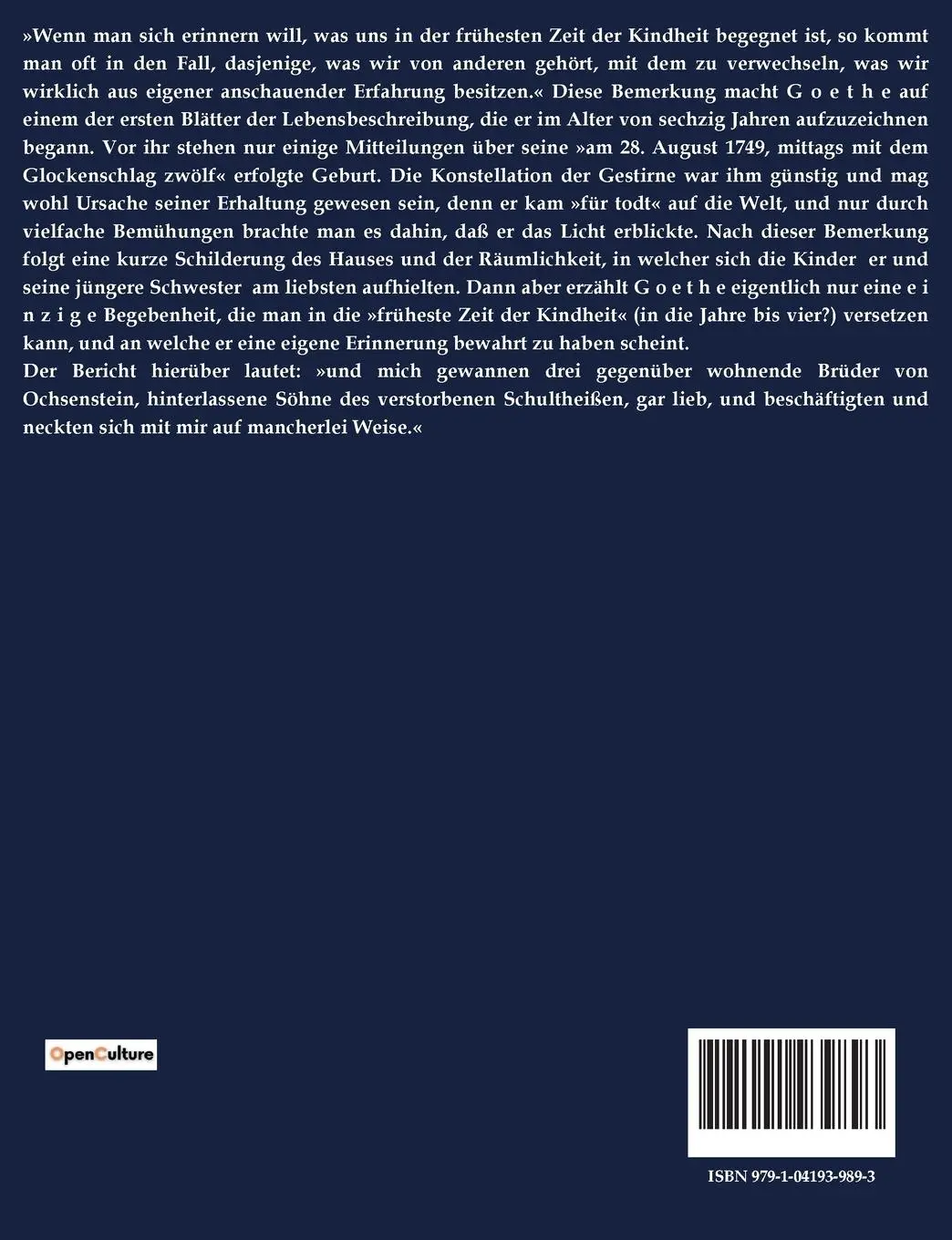 Rückseite: 9791041939893 | Eine Kindheitserinnerung aus »Dichtung und Wahrheit« | Sigmund Freud