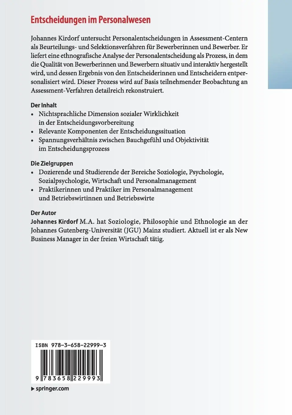 Rückseite: 9783658229993 | Entscheidungen im Personalwesen | Johannes Kirdorf | Taschenbuch | vii