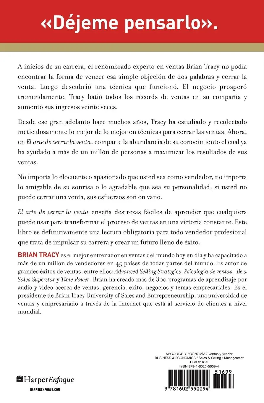 Rückseite: 9781602550094 | Arte de Cerrar la Venta / The Art of Closing the Sale | Brian Tracy