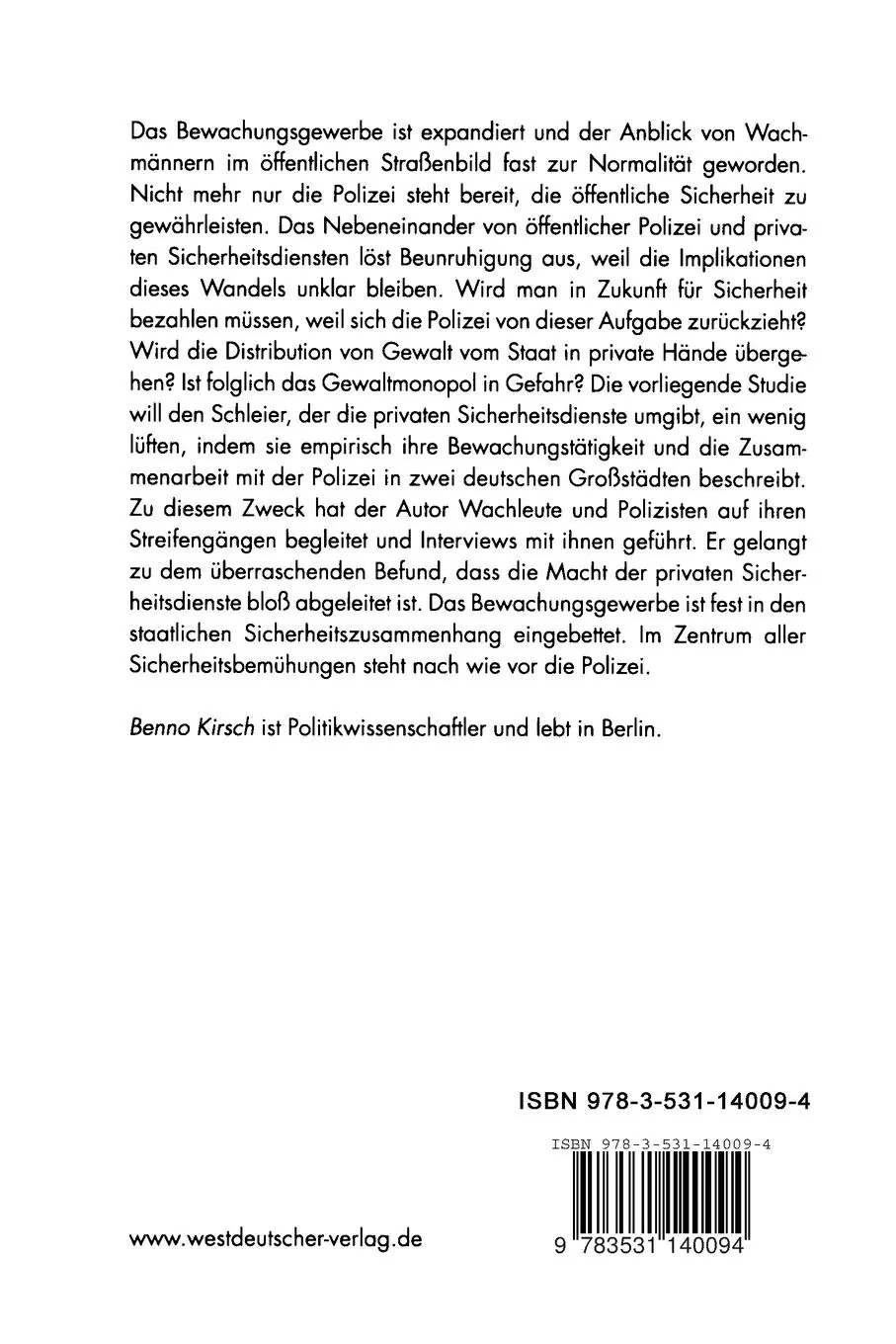 Rückseite: 9783531140094 | Private Sicherheitsdienste im öffentlichen Raum | Benno Kirsch | Buch