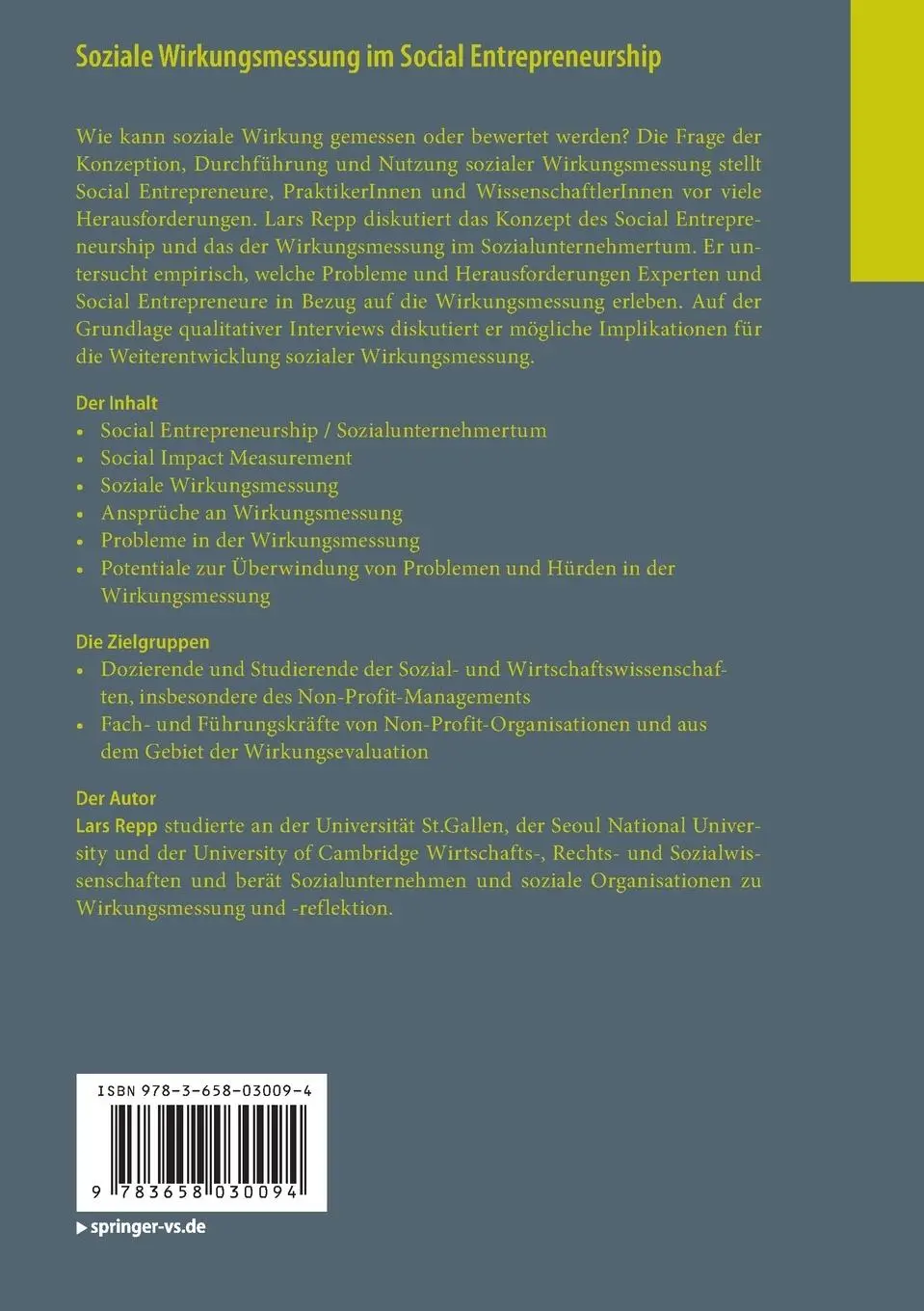 Rückseite: 9783658030094 | Soziale Wirkungsmessung im Social Entrepreneurship | Lars Repp | Buch