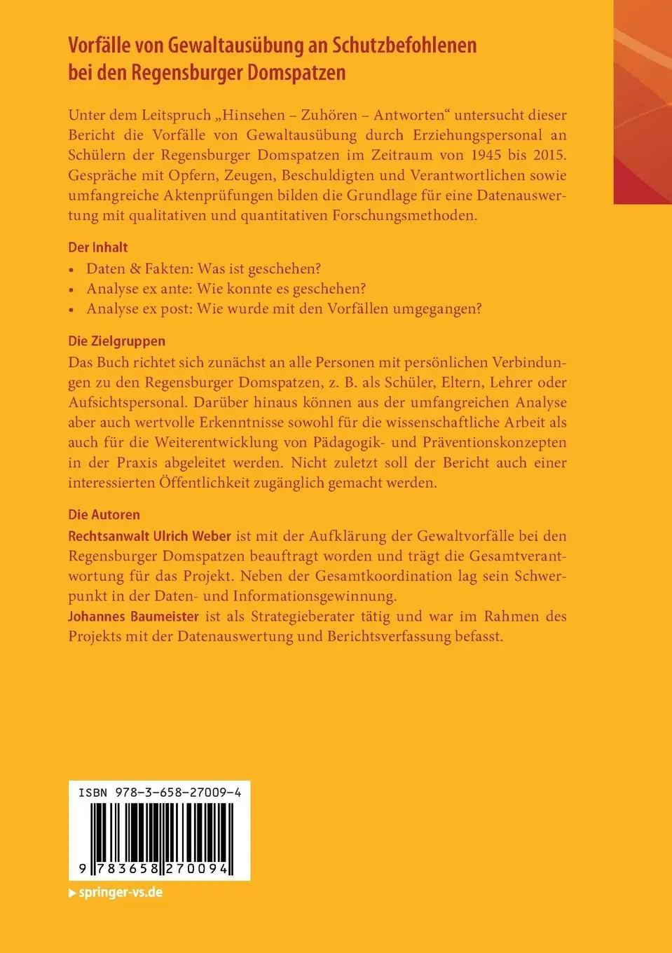 Rückseite: 9783658270094 | Vorfälle von Gewaltausübung an Schutzbefohlenen bei den...
