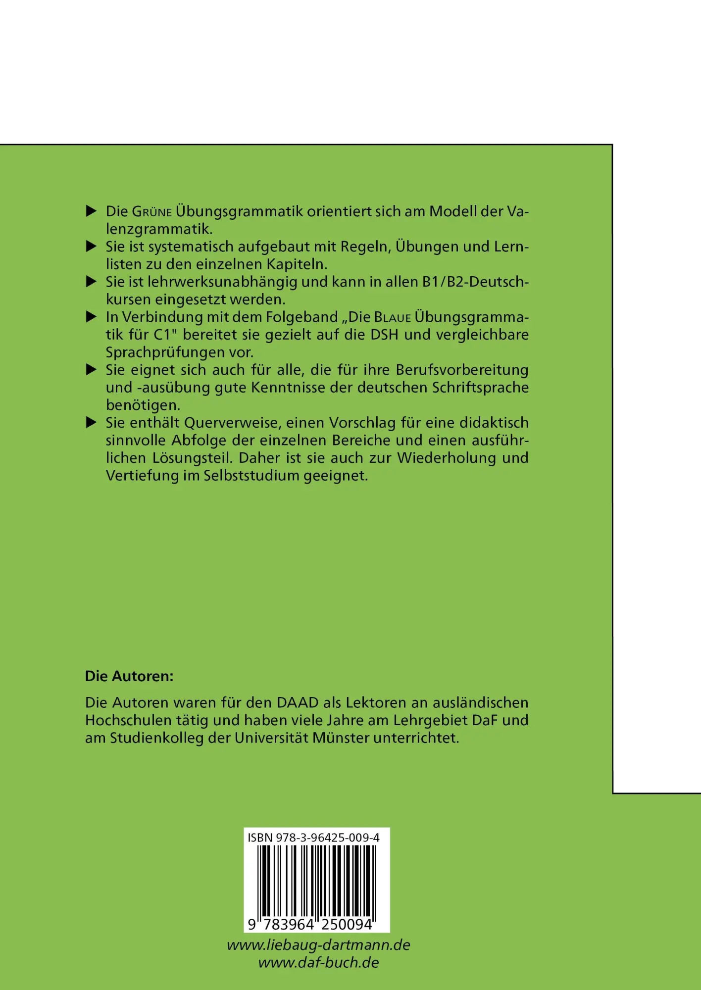 Rückseite: 9783964250094 | Die Grüne. Übungsgrammatik für B1/B2 | Übungsgrammatik für B1/B2