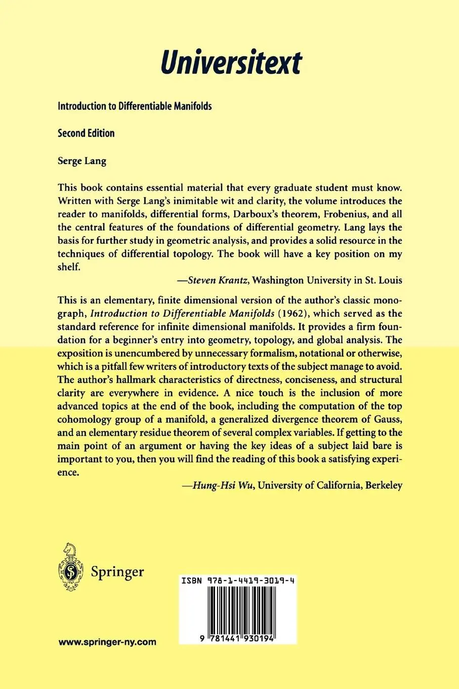 Rückseite: 9781441930194 | Introduction to Differentiable Manifolds | Serge Lang | Taschenbuch