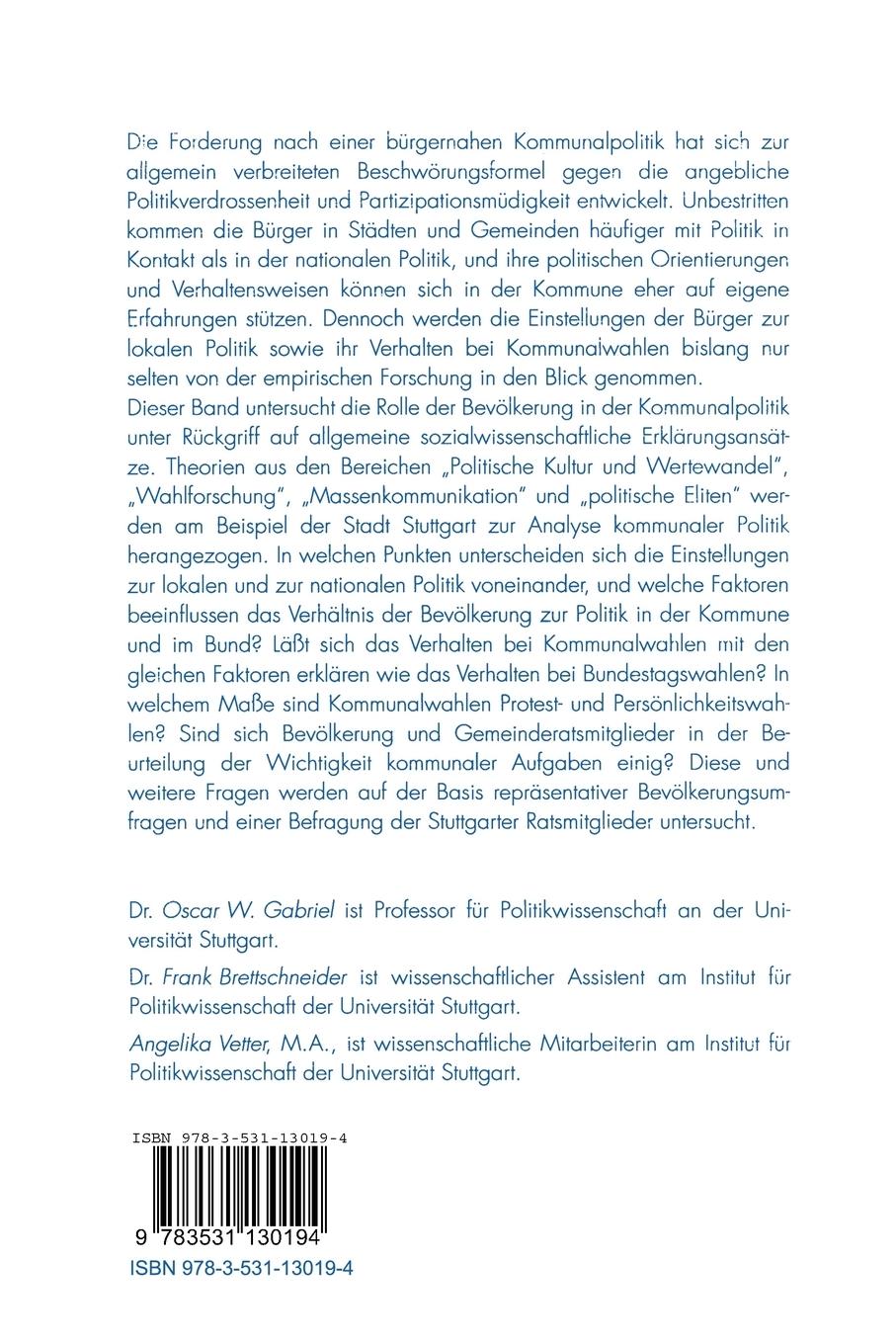 Rückseite: 9783531130194 | Politische Kultur und Wahlverhalten in einer Großstadt | Taschenbuch