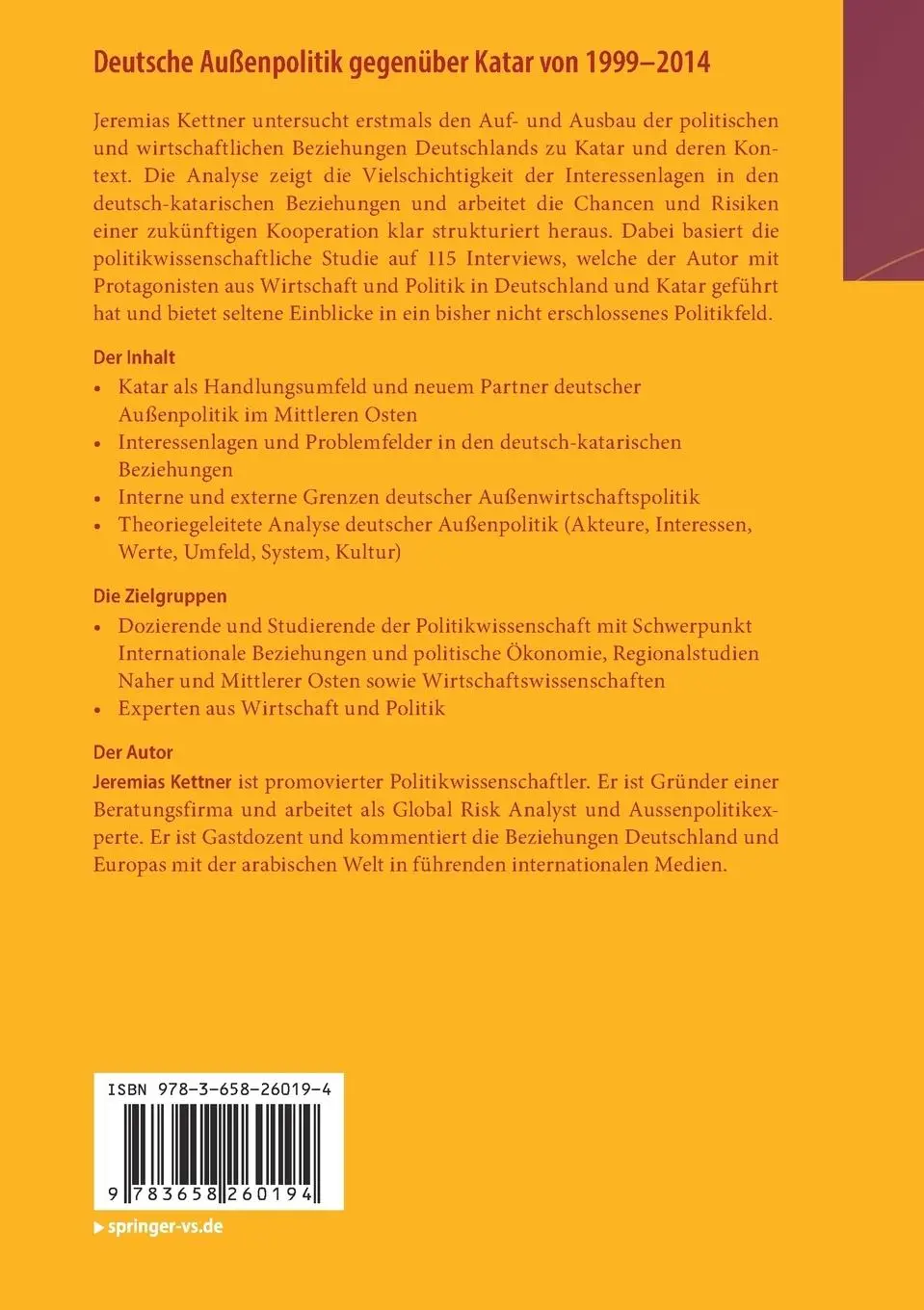Rückseite: 9783658260194 | Deutsche Außenpolitik gegenüber Katar von 1999-2014 | Jeremias Kettner