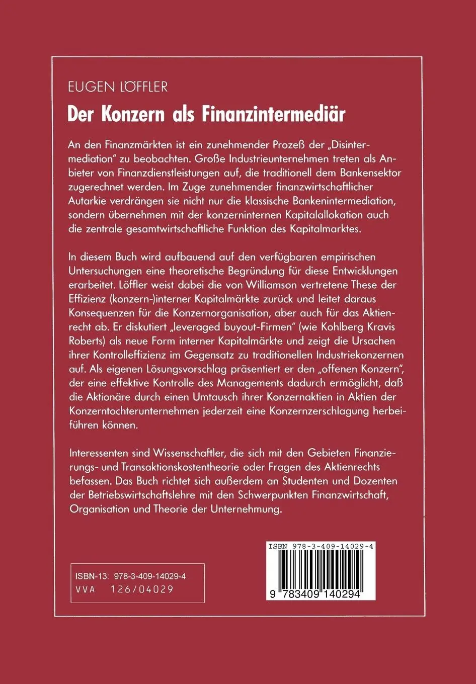 Rückseite: 9783409140294 | Der Konzern als Finanzintermediär | Eugen Löffler | Taschenbuch | 1991