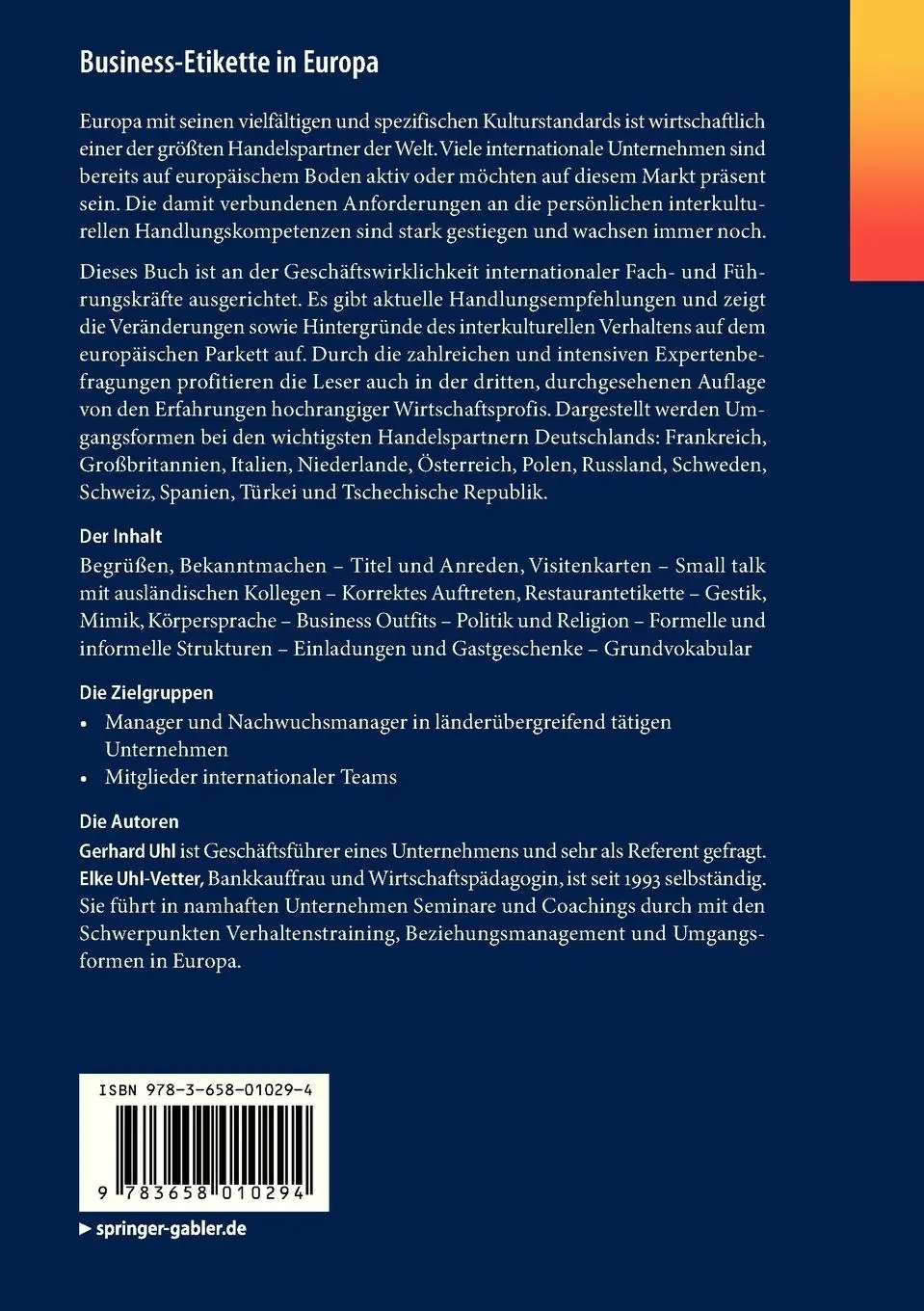 Rückseite: 9783658010294 | Business-Etikette in Europa | Gerhard Uhl (u. a.) | Taschenbuch | viii