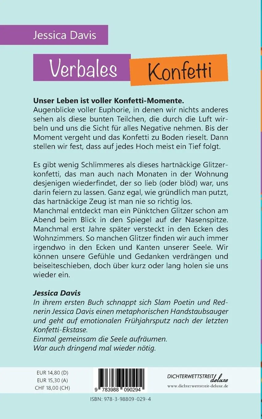 Rückseite: 9783988090294 | Verbales Konfetti | 16 Texte über Heiterkeit, Streit und Leid | Davis