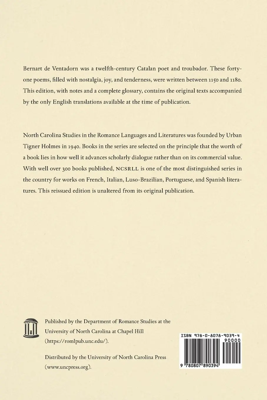 Rückseite: 9780807890394 | The Songs of Bernart de Ventadorn | Stephen G. Jr. Nichols (u. a.)