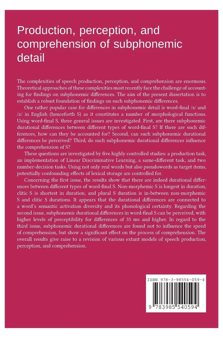 Rückseite: 9783985540594 | Production, perception, and comprehension of subphonemic detail | Buch