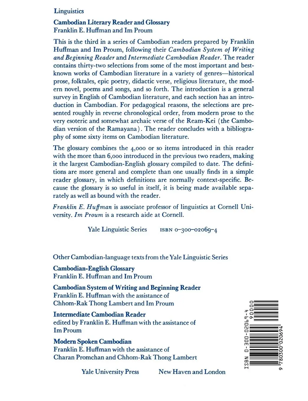 Rückseite: 9780300020694 | Cambodian Literary Reader and Glossary | Franklin E. Huffman (u. a.)