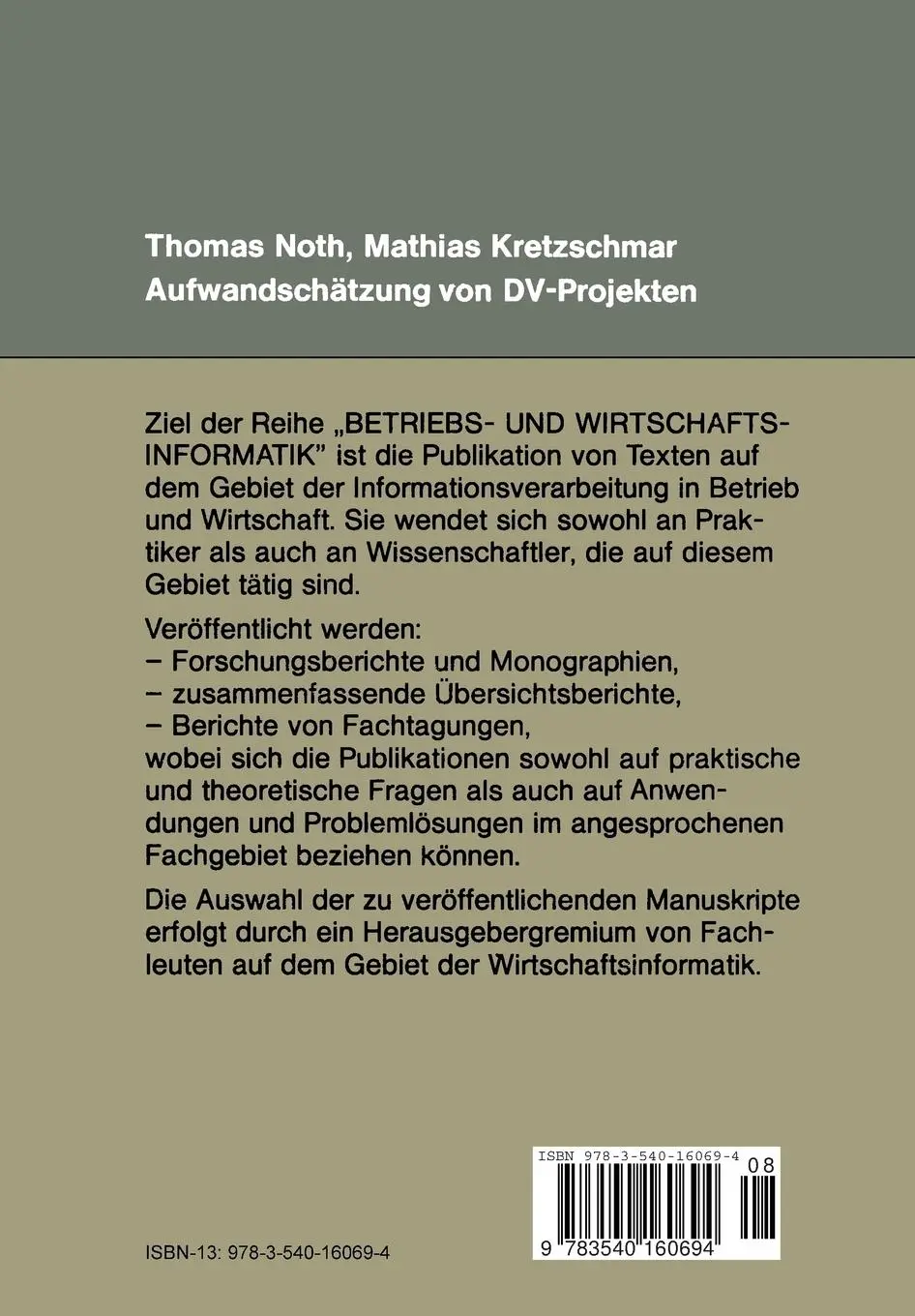 Rückseite: 9783540160694 | Aufwandschätzung von DV-Projekten | Thomas Noth (u. a.) | Taschenbuch