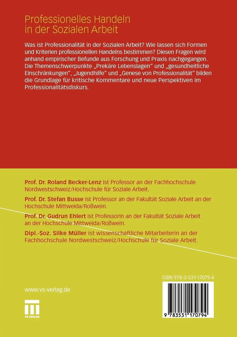 Rückseite: 9783531170794 | Professionelles Handeln in der Sozialen Arbeit | Becker-Lenz (u. a.)