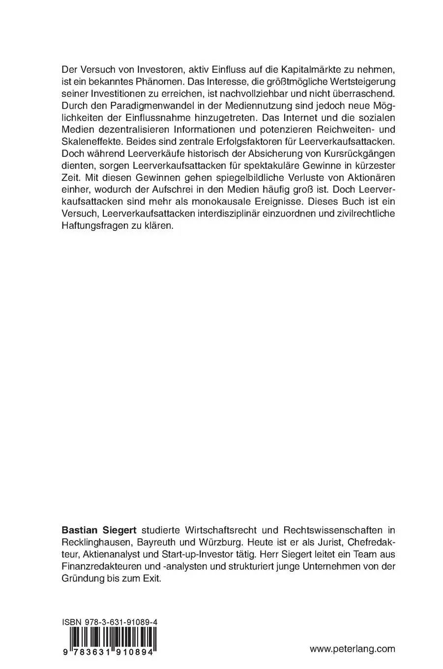 Rückseite: 9783631910894 | Zivilrechtliche Haftung bei Leerverkaufsattacken | Bastian Siegert