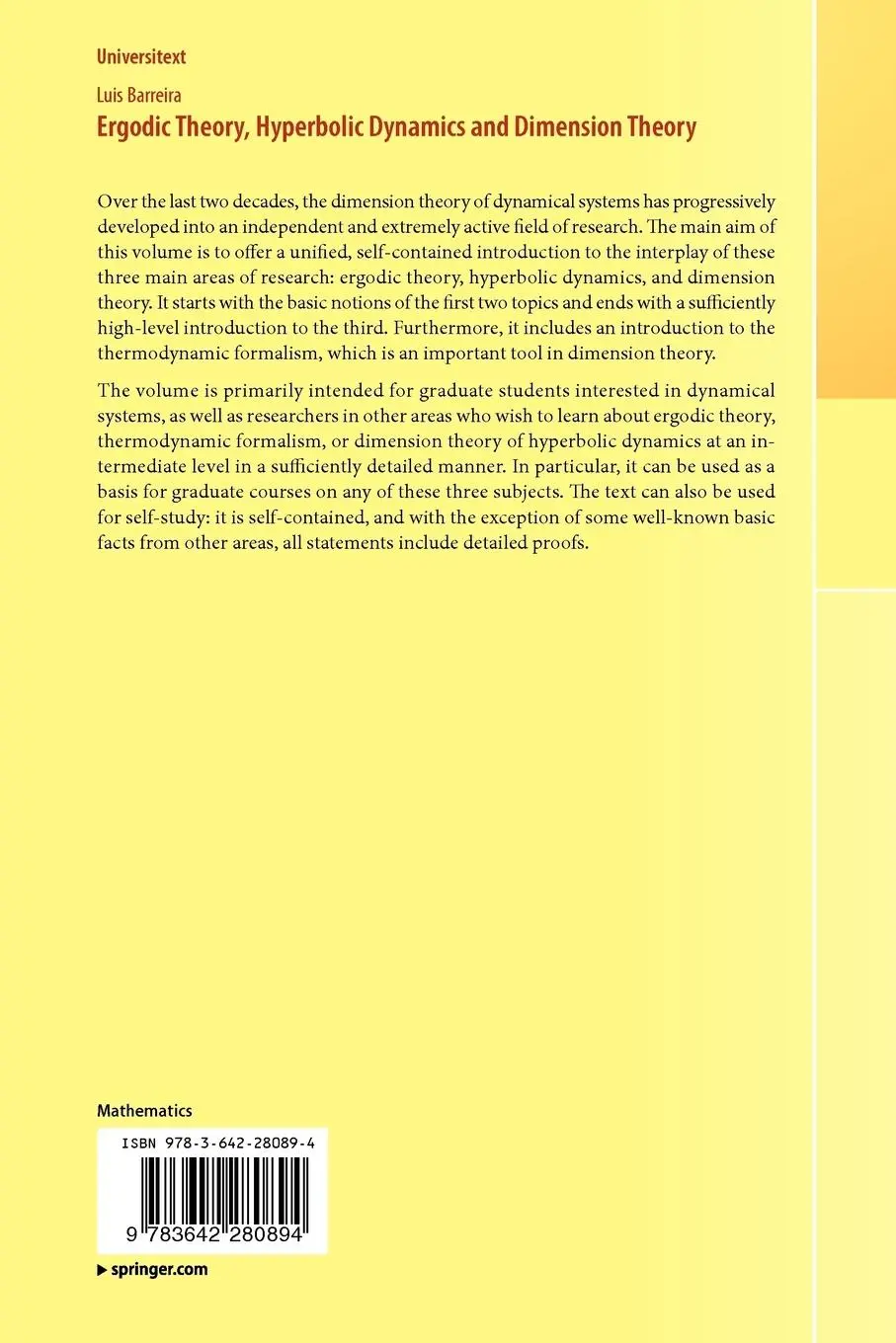 Rückseite: 9783642280894 | Ergodic Theory, Hyperbolic Dynamics and Dimension Theory | Barreira