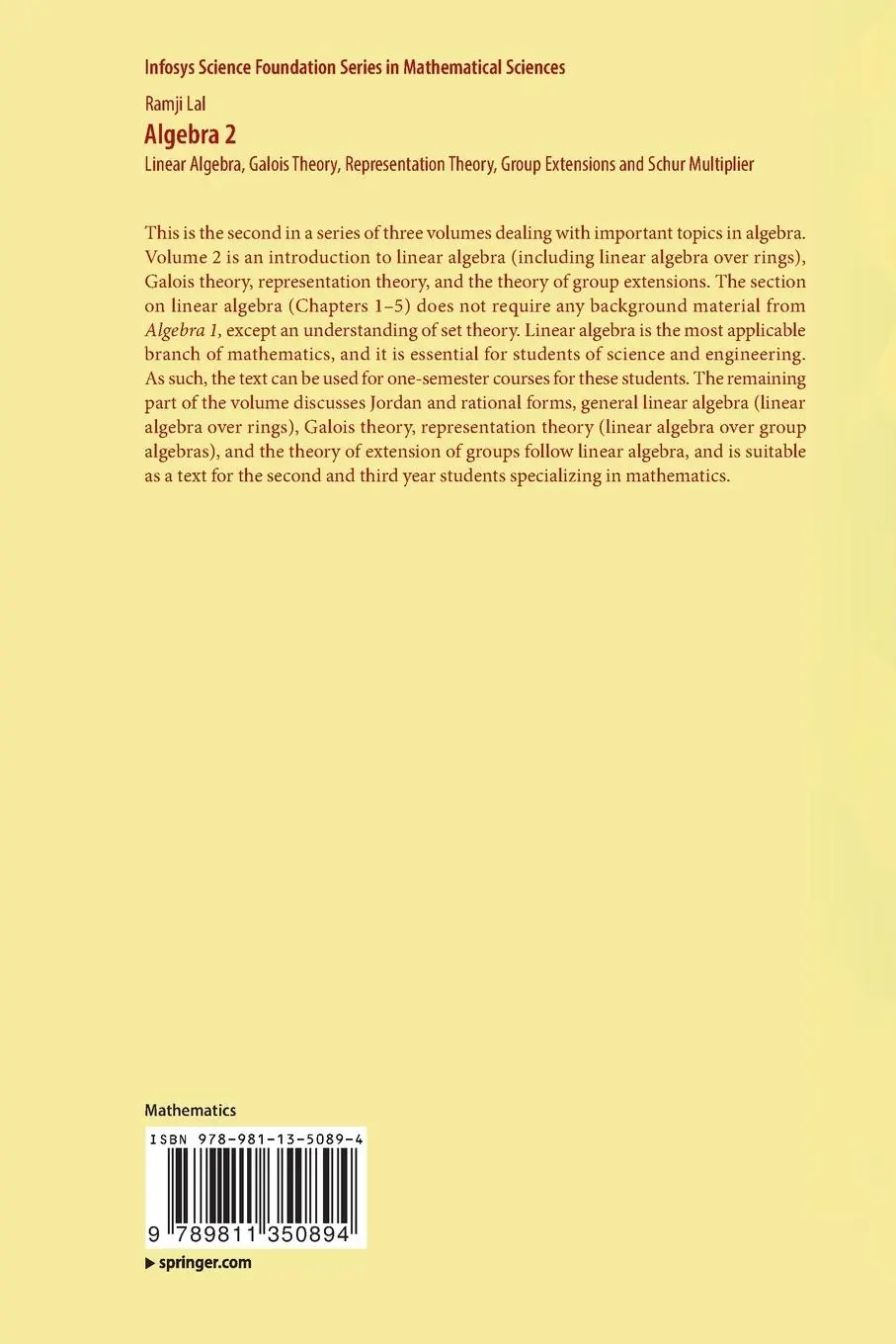 Rückseite: 9789811350894 | Algebra 2 | Ramji Lal | Taschenbuch | xviii | Englisch | 2018