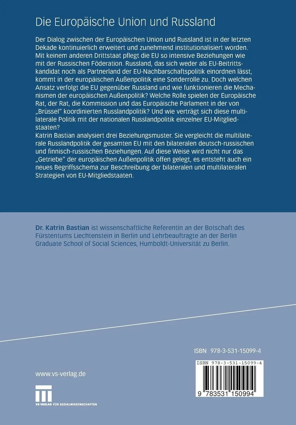 Rückseite: 9783531150994 | Die Europäische Union und Russland | Katrin Bastian | Taschenbuch | iv