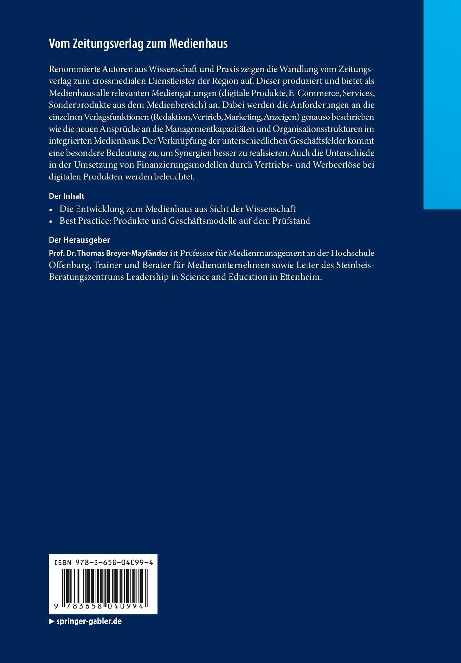 Rückseite: 9783658040994 | Vom Zeitungsverlag zum Medienhaus | Thomas Breyer-Mayländer | Buch