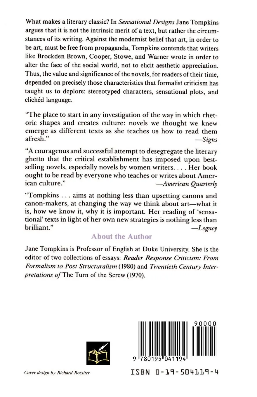 Rückseite: 9780195041194 | Sensational Designs | The Cultural Work of American Fiction, 1790-1860