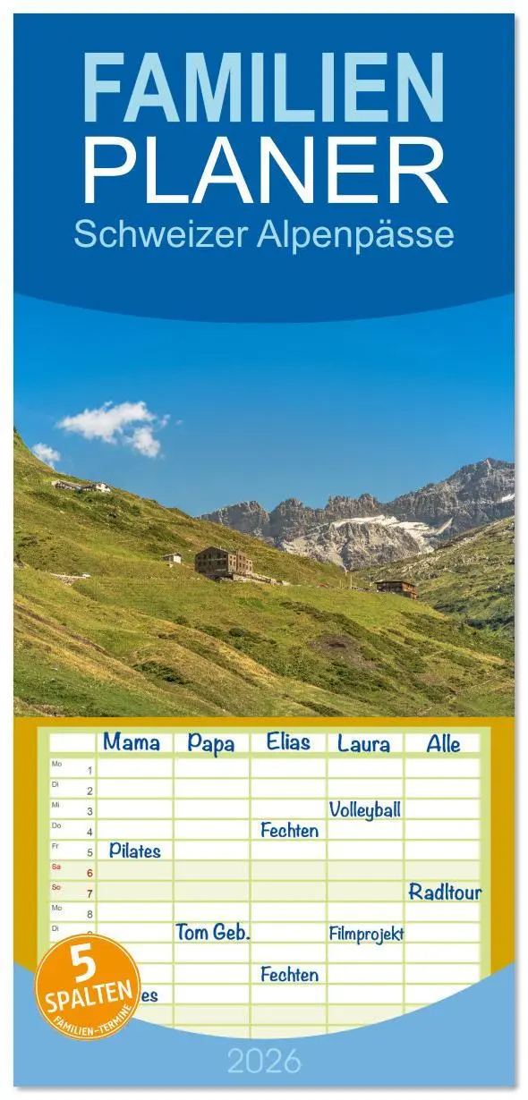 Cover: 9783516611694 | Familienplaner 2026 - Schweizer Alpenpässe mit 5 Spalten...