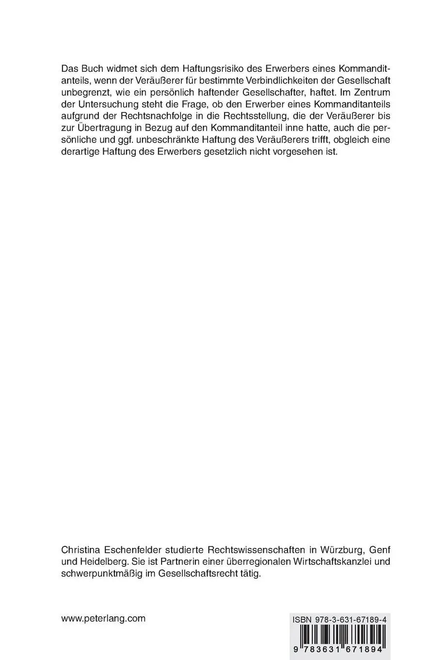 Rückseite: 9783631671894 | Rechtsnachfolge in die Kommanditistenhaftung | Christina Eschenfelder