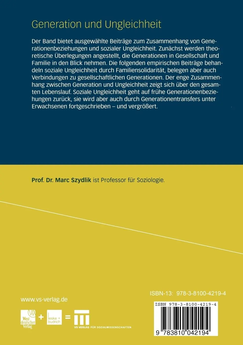 Rückseite: 9783810042194 | Generation und Ungleichheit | Marc Szydlik | Taschenbuch | 276 S.