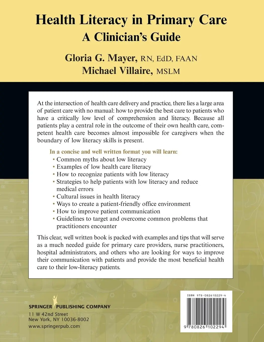 Rückseite: 9780826102294 | Health Literacy in Primary Care | A Clinician's Guide | Mayer (u. a.)
