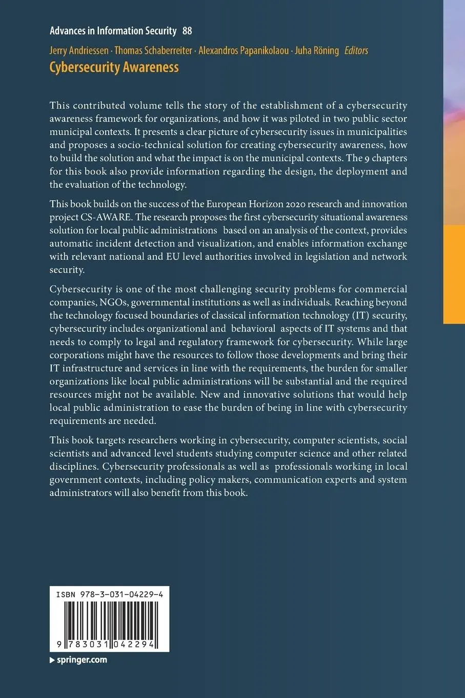 Rückseite: 9783031042294 | Cybersecurity Awareness | Jerry Andriessen (u. a.) | Taschenbuch | xv