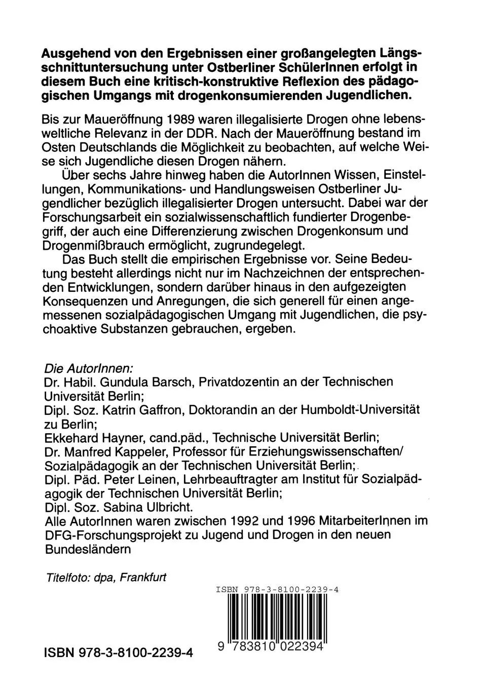 Rückseite: 9783810022394 | Jugendliche und Drogen | Manfred Kappeler (u. a.) | Taschenbuch | 1999
