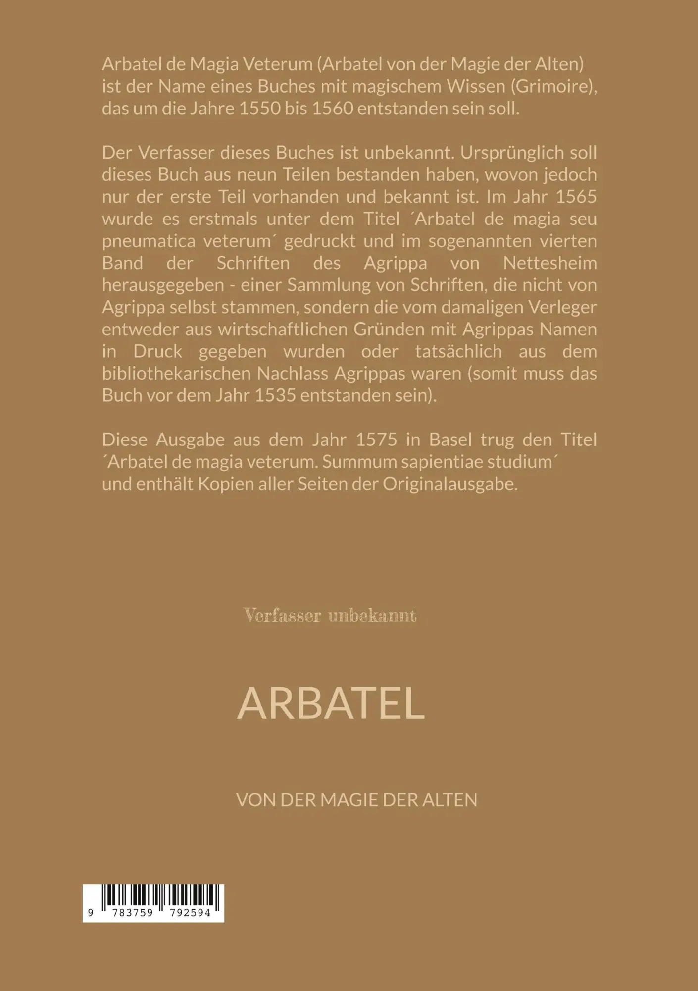 Rückseite: 9783759792594 | Arbatel | Von der Magie der Alten | Unbekannt Verfasser | Taschenbuch