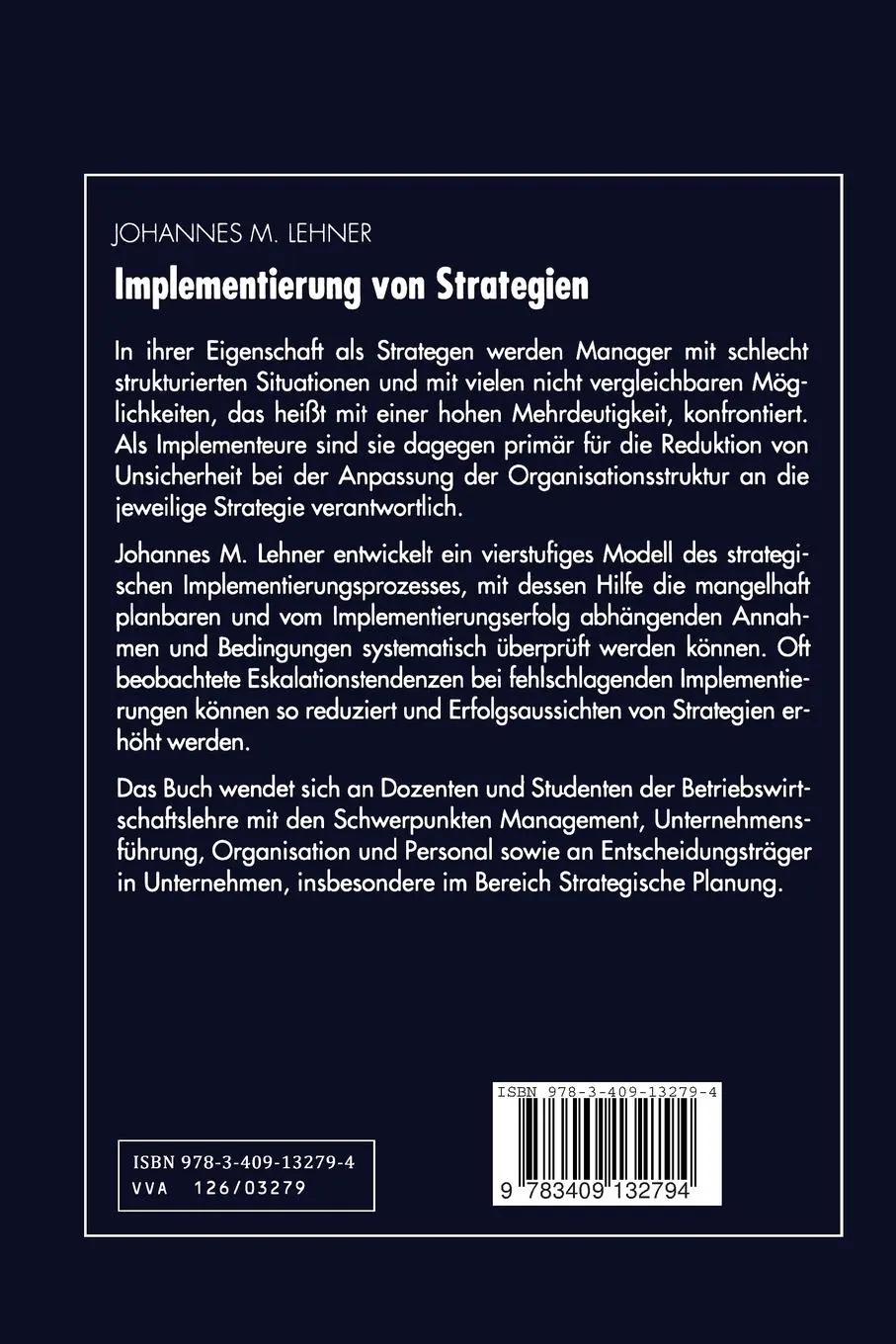 Rückseite: 9783409132794 | Implementierung von Strategien | Johannes M. Lehner | Taschenbuch