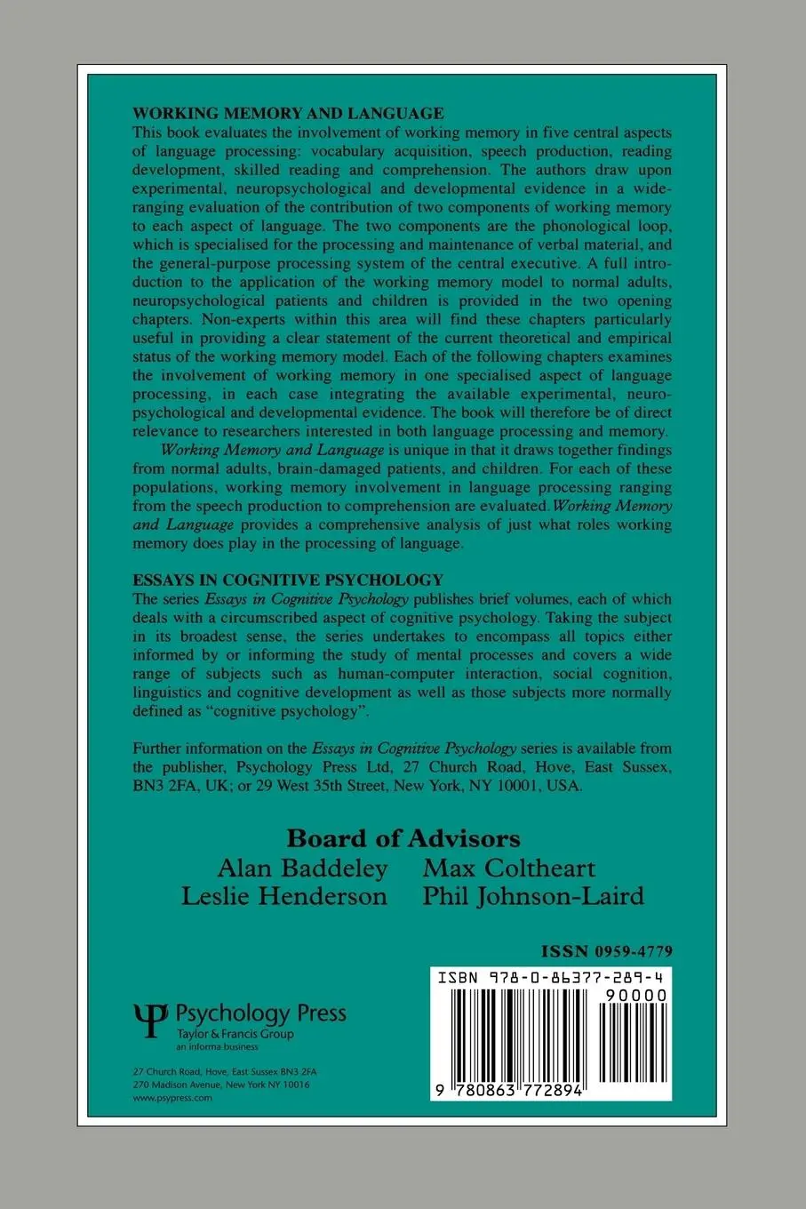 Rückseite: 9780863772894 | Working Memory and Language | Susan E. Gathercole (u. a.) | Buch