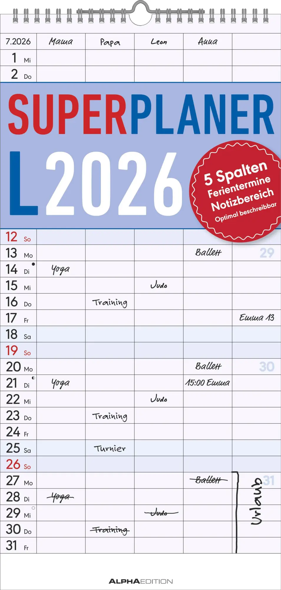 Cover: 4069095003194 | Superplaner L 2026 5 Spalten - Familien-Timer 22x45 cm -...