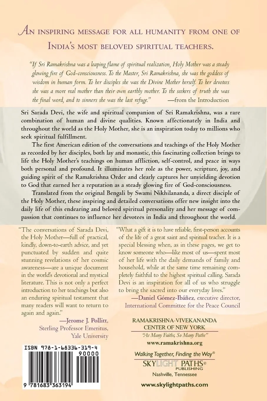 Rückseite: 9781683363194 | Sri Sarada Devi, The Holy Mother | Her Teachings and Conversations