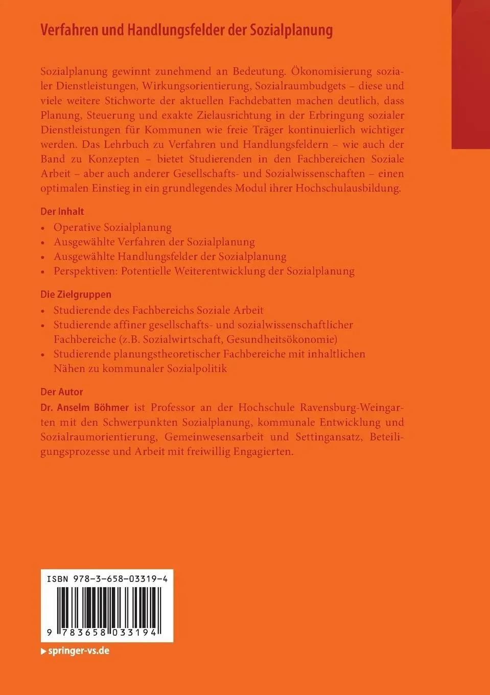 Rückseite: 9783658033194 | Verfahren und Handlungsfelder der Sozialplanung | Anselm Böhmer | Buch