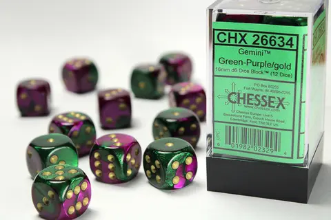 Cover: 601982023294 | Gemini® 16mm d6 Green-Purple/gold Dice Block™ (12 dice) | deutsch