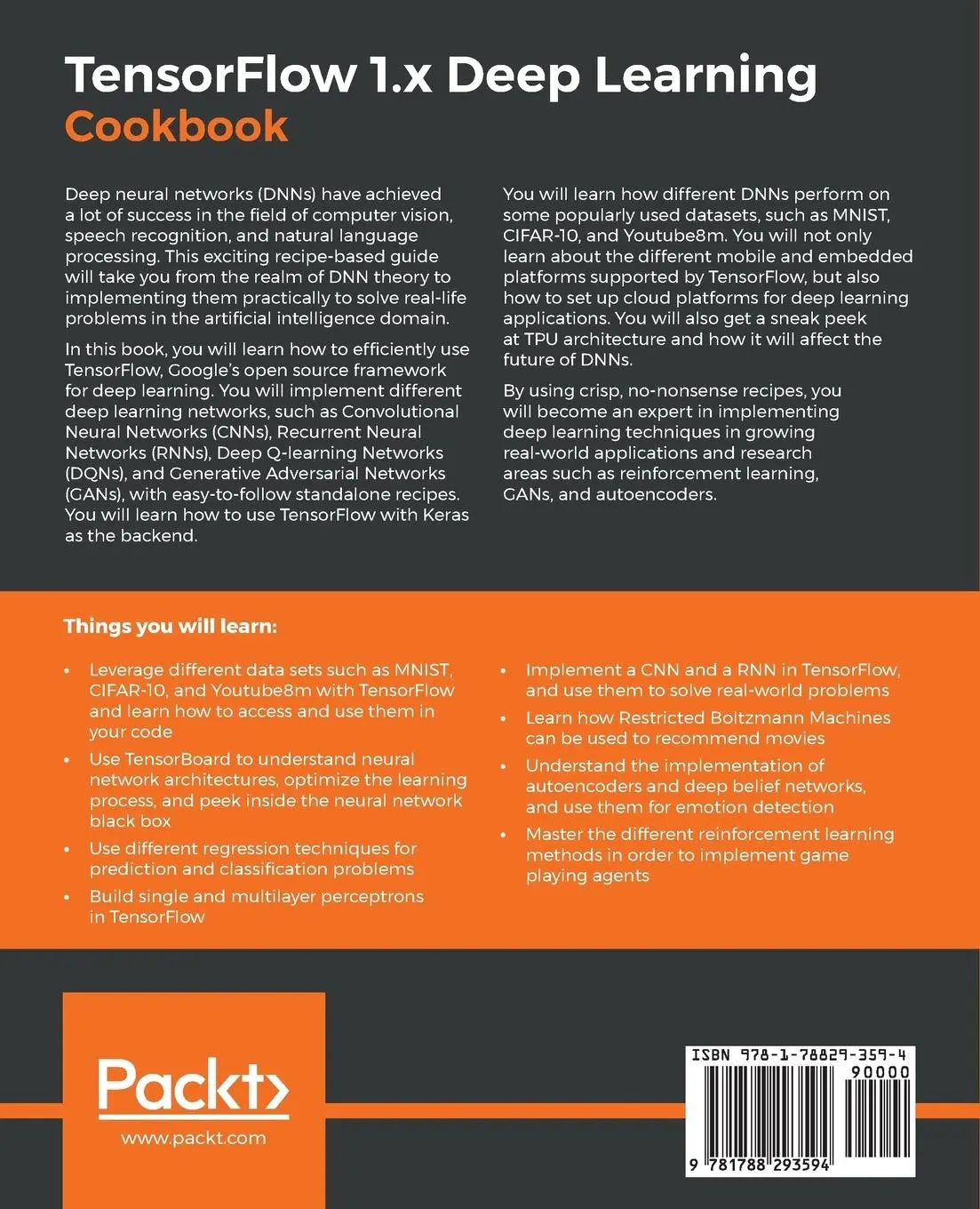 Rückseite: 9781788293594 | TensorFlow 1.x Deep Learning Cookbook | Antonio Gulli (u. a.) | Buch