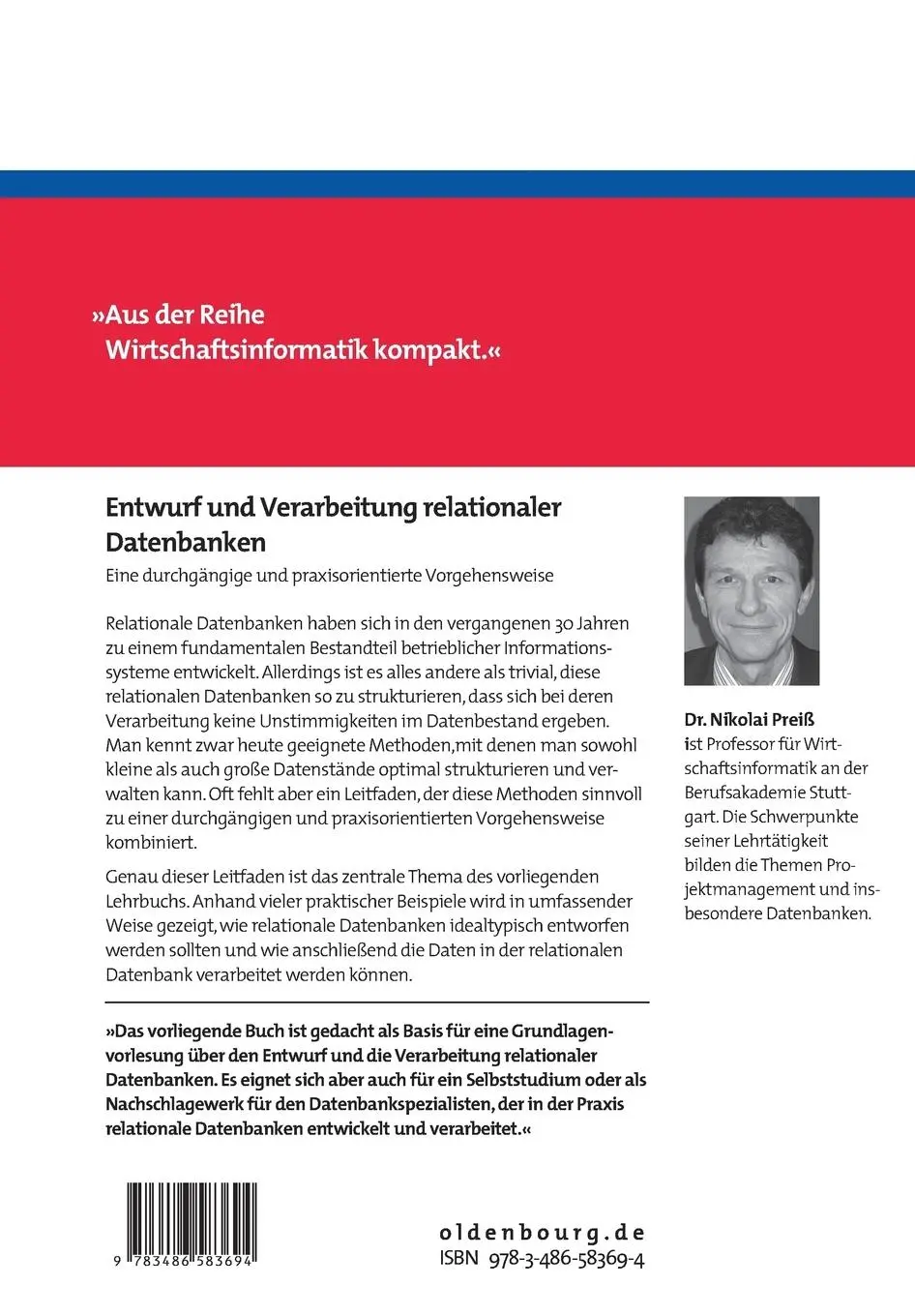 Rückseite: 9783486583694 | Entwurf und Verarbeitung relationaler Datenbanken | Nikolai Preiß