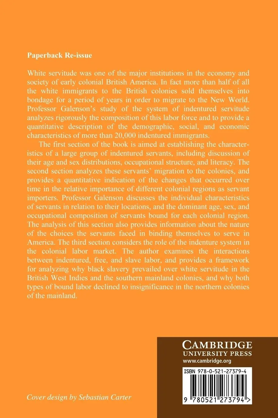Rückseite: 9780521273794 | White Servitude in Colonial America | David Galenson | Taschenbuch