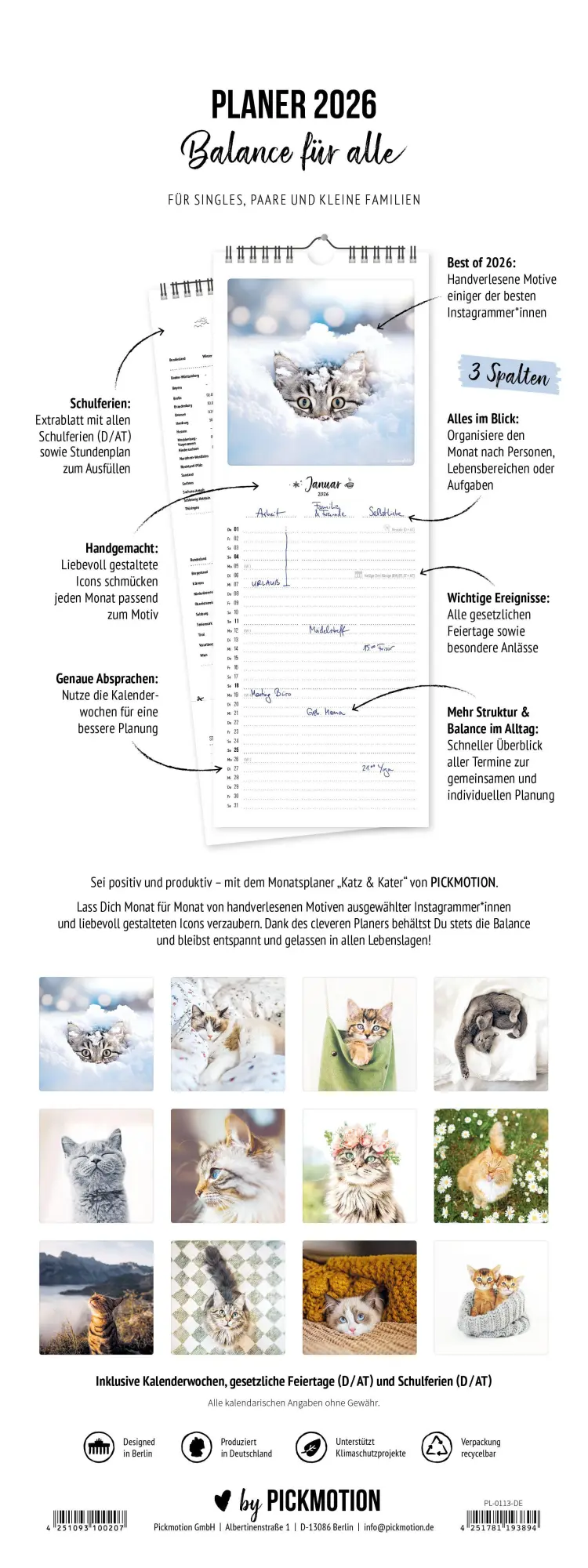 Bild: 4251781193894 | Planer 2026 - Katz &amp; Kater | 3 Spalten | Pickmotion | Kalender | 2026