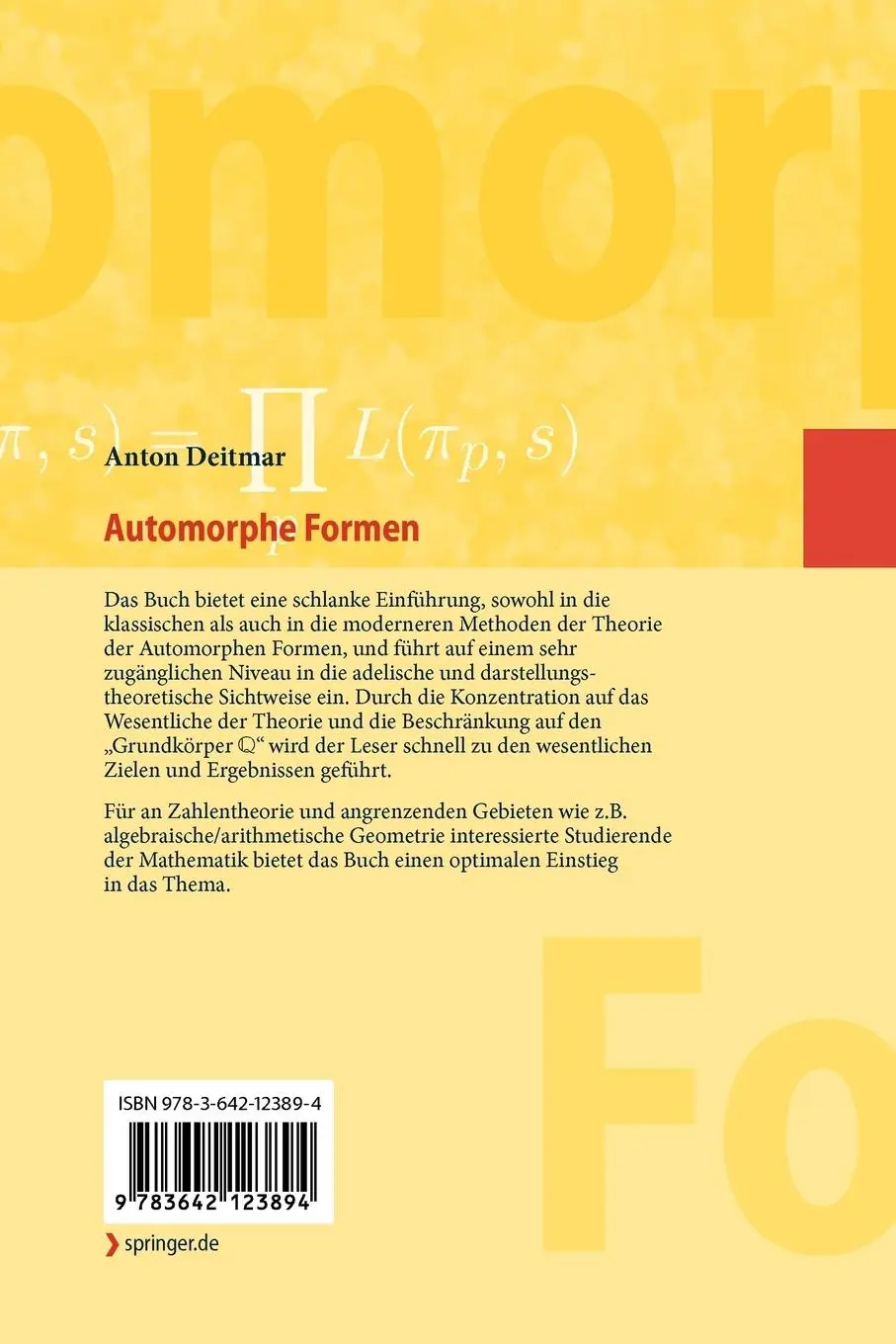 Rückseite: 9783642123894 | Automorphe Formen | Anton Deitmar | Taschenbuch | viii | Deutsch